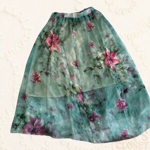 Vintage Floral Flowy Boho Green Maxi Skirt